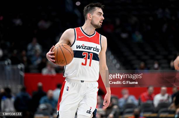 Tomas Satoransky of the Washington Wizards handles the ball against the Orlando Magic at Capital One Arena on March 30, 2022 in Washington, DC. NOTE...