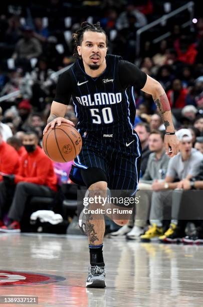 Cole Anthony of the Orlando Magic handles the ball against the Washington Wizards at Capital One Arena on March 30, 2022 in Washington, DC. NOTE TO...