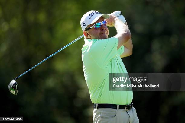 Billy Mayfair of the United States hits his tee shot on the first hole during the final round of the Rapiscan Systems Classic at Grand Bear Golf Club...