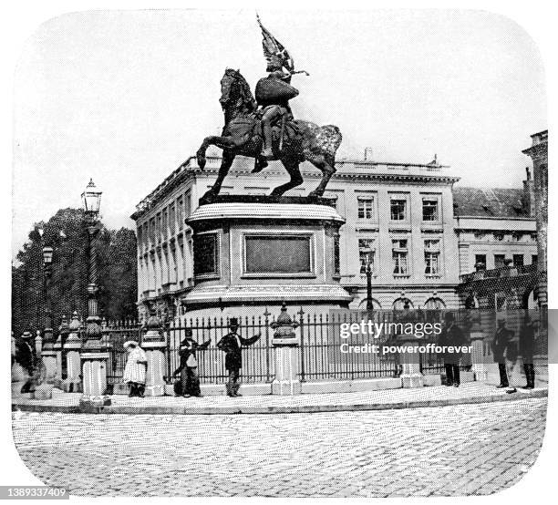 equestrian statue of godfrey of bouillon at place royale in brussels, belgium - 19th century - stuttgart skyline stock illustrations