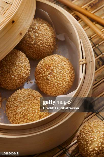 chinese sesame balls with red bean paste - sesame balls stock pictures, royalty-free photos & images