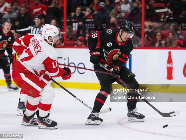 Filip Hronek of the Detroit Red Wings stick checks Tim Stützle of the Ottawa Senators during the second period at Canadian Tire Centre on April 03,...