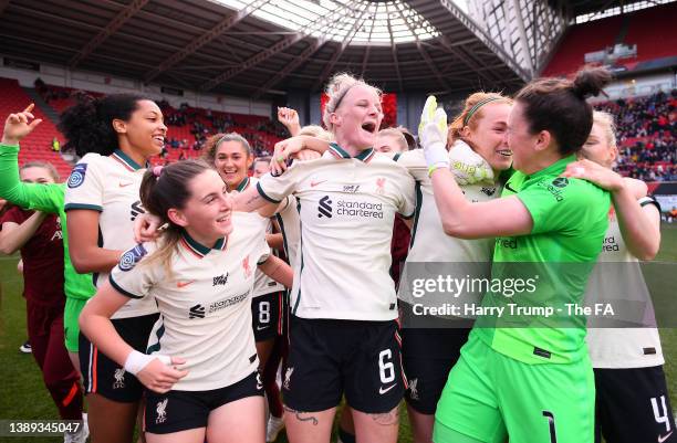 Jasmine Matthews of Liverpool celebrates with teammates after victory leading to promotion to Barclays FA Women's Super League following the Barclays...