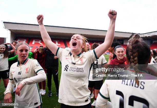 Rachel Furness of Liverpool celebrates with teammates after victory leading to promotion to Barclays FA Women's Super League following the Barclays...