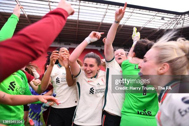 Players of Liverpool celebrate after victory leading to promotion to Barclays FA Women's Super League following the Barclays FA Women's Championship...