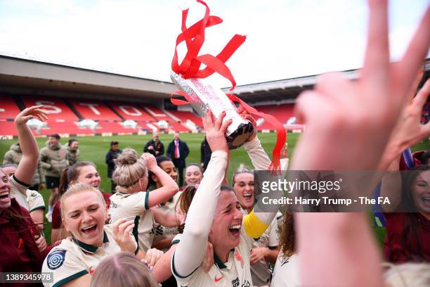 Niamh Fahey of Liverpool celebrates with teammates after victory leading to promotion to Barclays FA Women's Super League following the Barclays FA...