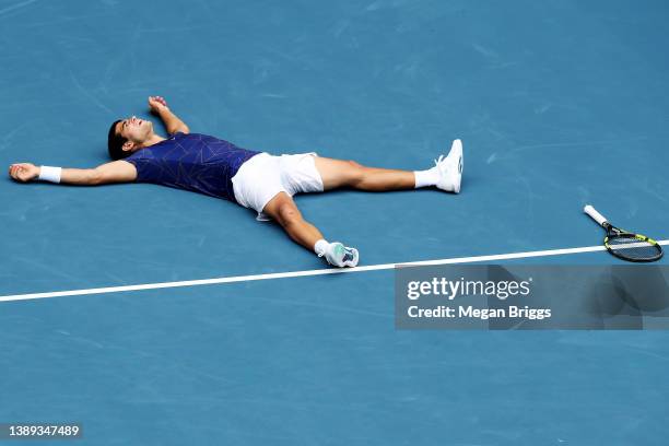 Carlos Alcaraz of Spain celebrates after defeating Casper Ruud of Norway in the men's singles final on day 13 of the Miami Open at Hard Rock Stadium...