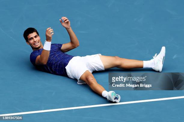 Carlos Alcaraz of Spain celebrates after defeating Casper Ruud of Norway in the men's singles final on day 13 of the Miami Open at Hard Rock Stadium...