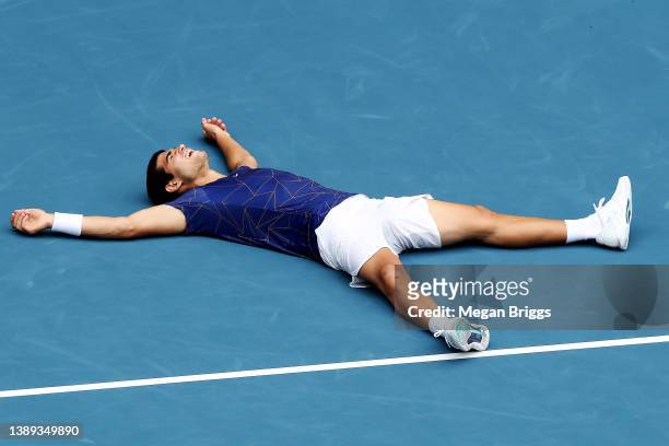Carlos Alcaraz of Spain celebrates after defeating Casper Ruud of Norway in the men's singles final on day 13 of the Miami Open at Hard Rock Stadium...