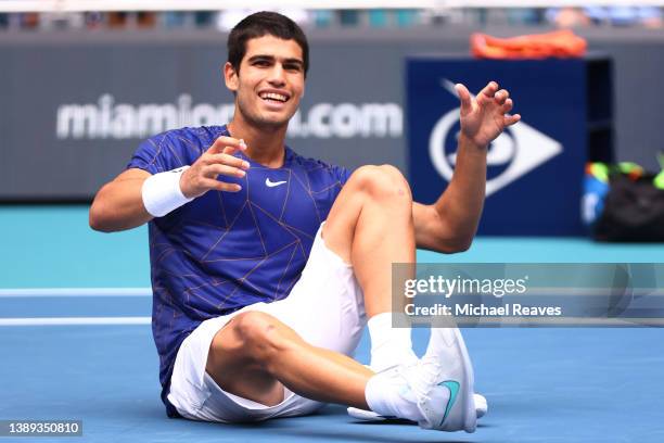 Carlos Alcaraz of Spain celebrates match point against Casper Ruud of Norway in the Men's Singles final during the Miami Open at Hard Rock Stadium on...