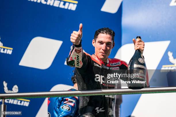 Aleix Espargaro of Spain and Aprilia Racing wins his first MotoGP race during the MotoGP race of Argentina at the Autódromo Termas de Río Hondo on...