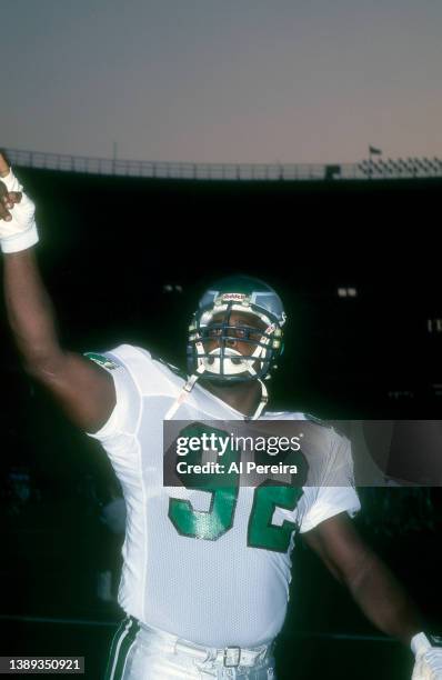 Defensive End Reggie White of the Philadelphia Eagles leads cheers during introductions before the game between The Philadelphia Eagles vs The New...