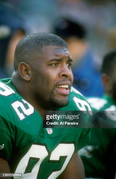 Defensive End Reggie White of the Philadelphia Eagles follows the action in the game between The Cincinnati Bengals vs The Philadelphia Eagles on...