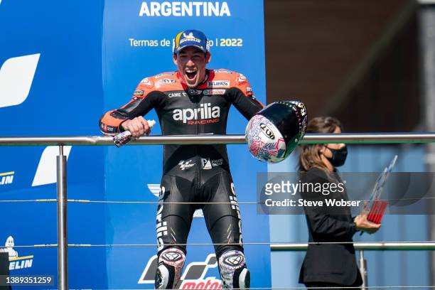 Aleix Espargaro of Spain and Aprilia Racing on the podium after his first MotoGP win during the MotoGP race of Argentina at the Autódromo Termas de...