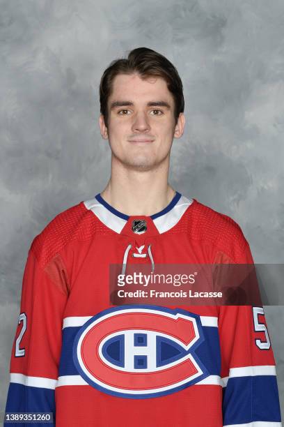 Justin Barron of the Montreal Canadiens poses for his official headshot for the 2020-2021 season prior to the NHL game against the Florida Panthers...