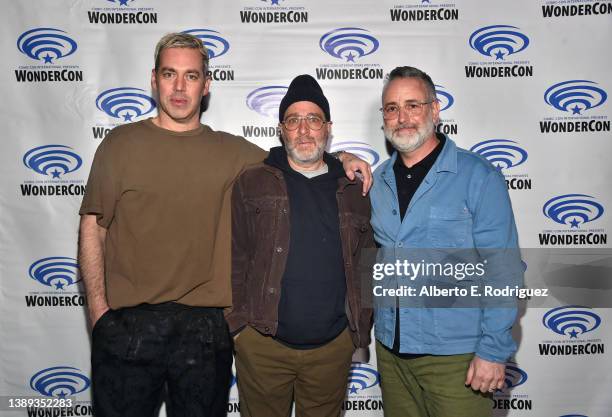 John Roberts, H. Jon Benjamin and Larry Murphy attend the "Bob's Burgers" WonderCon Panel in Anaheim, California on April 03, 2022.