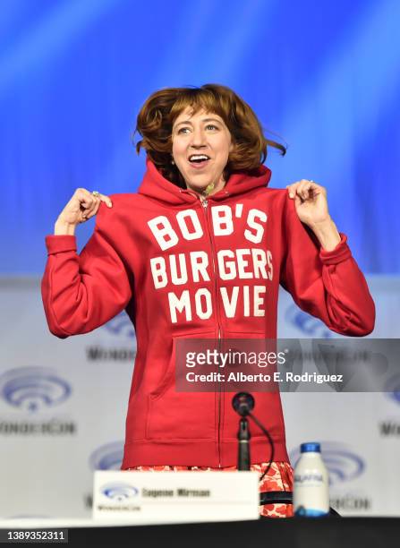 Kristen Schall participates in the "Bob's Burgers" WonderCon Panel in Anaheim, California on April 03, 2022.