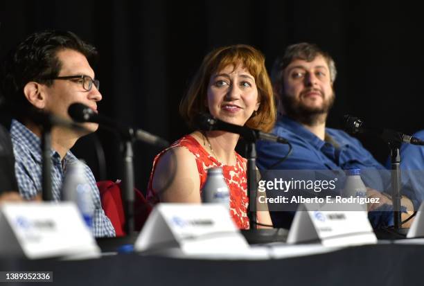 Dan Mintz, Kristen Schaal and Eugene Mirman participate in the "Bob's Burgers" WonderCon Panel in Anaheim, California on April 03, 2022.