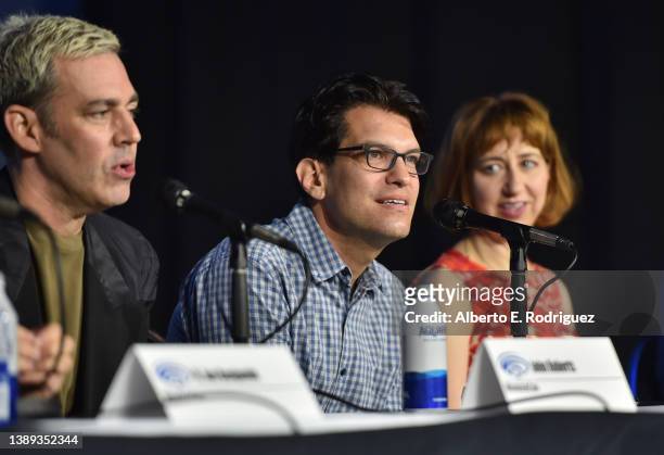 John Roberts, Dan Mintz and Kristen Schaal participate in the "Bob's Burgers" WonderCon Panel in Anaheim, California on April 03, 2022.