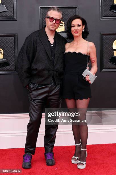 Jason Isbell and Amanda Shires attends the 64th Annual GRAMMY Awards at MGM Grand Garden Arena on April 03, 2022 in Las Vegas, Nevada.