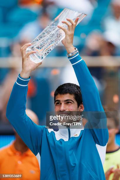 Carlos Alcaraz of Spain celebrates his victory over Casper Ruud of Norway in the men's final of the Miami Open at the Hard Rock Stadium on April 03,...