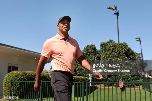 Tiger Woods of the United States walks from the practice area prior to the Masters at Augusta National Golf Club on April 03, 2022 in Augusta,...