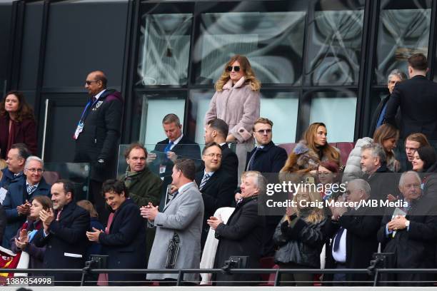 West Ham United Chief Executive Karren Brady looks on after the Premier League match between West Ham United and Everton at London Stadium on April...
