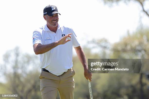 Matt Kuchar reacts after making birdie on the 12th green during the fourth round of the Valero Texas Open at TPC San Antonio on April 03, 2022 in San...