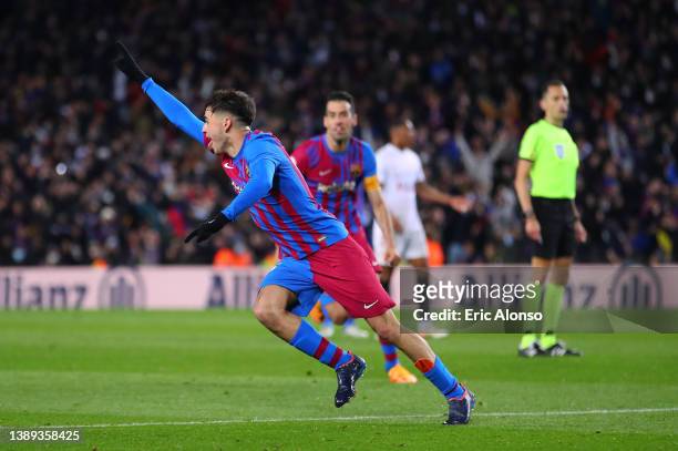 Pedri of FC Barcelona celebrates their sides first goal during the LaLiga Santander match between FC Barcelona and Sevilla FC at Camp Nou on April...