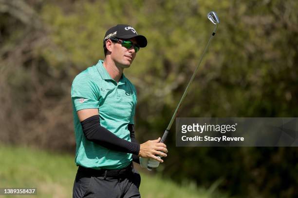 Dylan Frittelli of South Africa follows his shot from the 13th tee during the fourth round of the Valero Texas Open at TPC San Antonio on April 03,...
