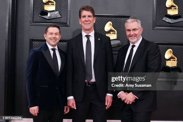 Doug Besterman, Cinco Paul, and Scott M. Riesett attend the 64th Annual GRAMMY Awards at MGM Grand Garden Arena on April 03, 2022 in Las Vegas,...