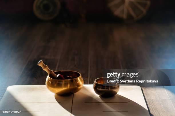 tibetan singing bowls. yoga, meditation, relaxation - gong stock pictures, royalty-free photos & images