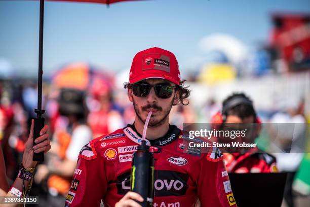 Francesco Bagnaia of Italy and Ducati Lenovo Team prepares at the starting grid during the MotoGP race of Argentina at the Autódromo Termas de Río...