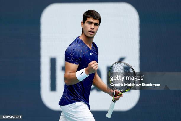 Carlos Alcaraz of Spain celebrates while playing Casper Ruud of Norway during the men's final of the Miami Open at Hard Rock Stadium on April 03,...