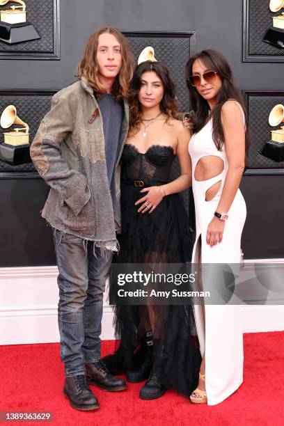 Christopher Nicholas Cornell, Toni Cornell, and Vicky Karayiannis attend the 64th Annual GRAMMY Awards at MGM Grand Garden Arena on April 03, 2022 in...