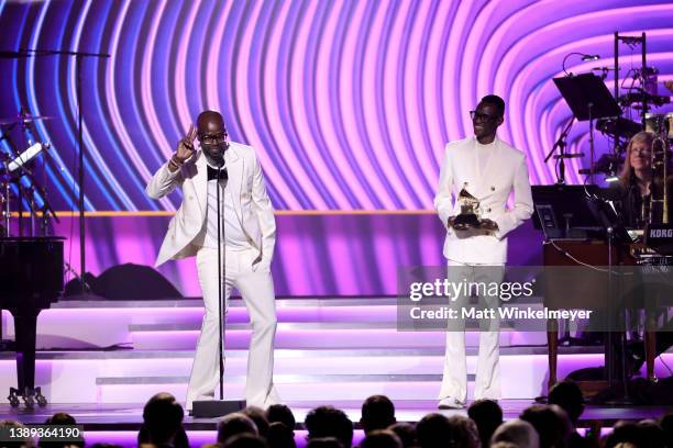 Black Coffee and Esona Maphumulo accept the Best Dance/Electronic Album award onstage during the 64th Annual GRAMMY Awards Premiere Ceremony at MGM...