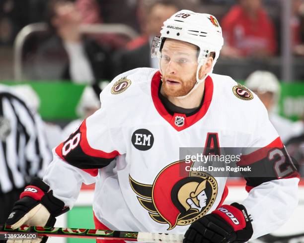 Connor Brown of the Ottawa Senators follows the play against the Detroit Red Wings during the third period of an NHL game at Little Caesars Arena on...