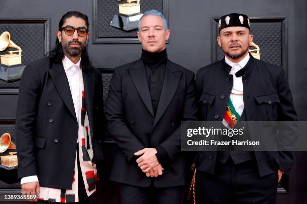 Ape Drums, Diplo, and Walshy Fire of Major Lazor attend the 64th Annual GRAMMY Awards at MGM Grand Garden Arena on April 03, 2022 in Las Vegas,...