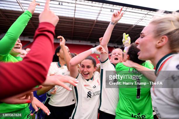 Players of Liverpool celebrate after victory leading to promotion to Barclays FA Women's Super League following the Barclays FA Women's Championship...