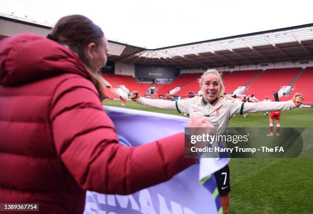 Missy Bo Kearns of Liverpool celebrates after victory leading to promotion to Barclays FA Women's Super League following the Barclays FA Women's...