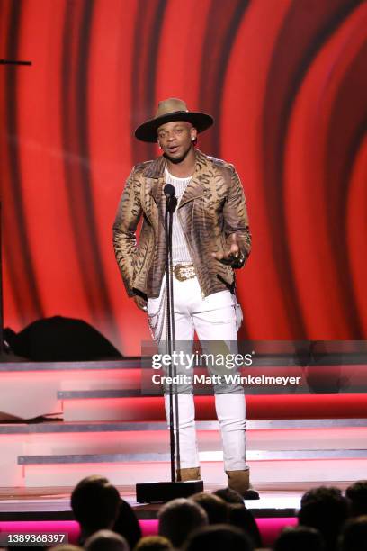 Jimmie Allen speaks onstage during the 64th Annual GRAMMY Awards Premiere Ceremony at MGM Grand Marquee Ballroom on April 03, 2022 in Las Vegas,...