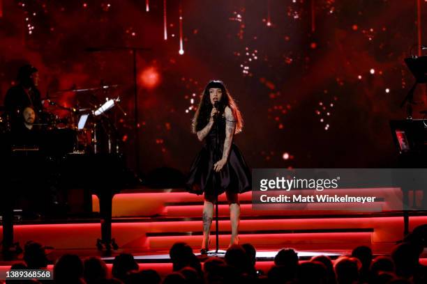Mon Laferte performs onstage during the 64th Annual GRAMMY Awards Premiere Ceremony at MGM Grand Marquee Ballroom on April 03, 2022 in Las Vegas,...