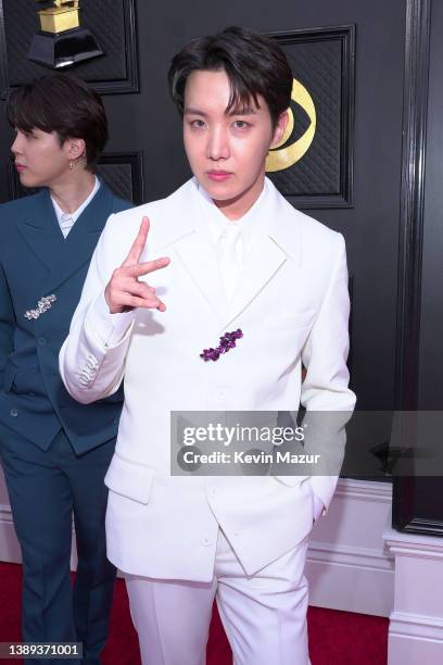 Jungkook and J-Hope of BTS attend the 64th Annual GRAMMY Awards at MGM Grand Garden Arena on April 03, 2022 in Las Vegas, Nevada.
