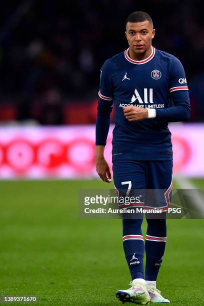Kylian Mbappe of Paris Saint-Germain looks on during the Ligue 1 Uber Eats match between Paris Saint Germain and FC Lorient at Parc des Princes on...