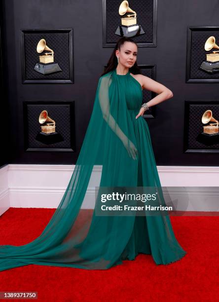 Sofia Carson attends the 64th Annual GRAMMY Awards at MGM Grand Garden Arena on April 03, 2022 in Las Vegas, Nevada.