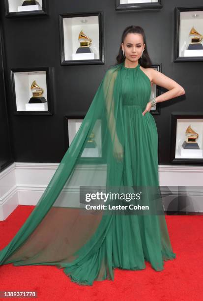 Sofia Carson attends the 64th Annual GRAMMY Awards at MGM Grand Garden Arena on April 03, 2022 in Las Vegas, Nevada.