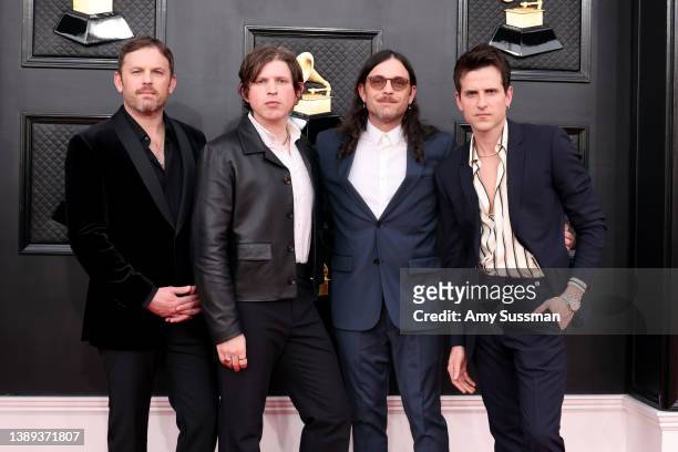 Musicians Caleb Followill, Nathan Followill, Matthew Followill and Jared Followill of Kings Of Leon attend the 64th Annual GRAMMY Awards at MGM Grand...