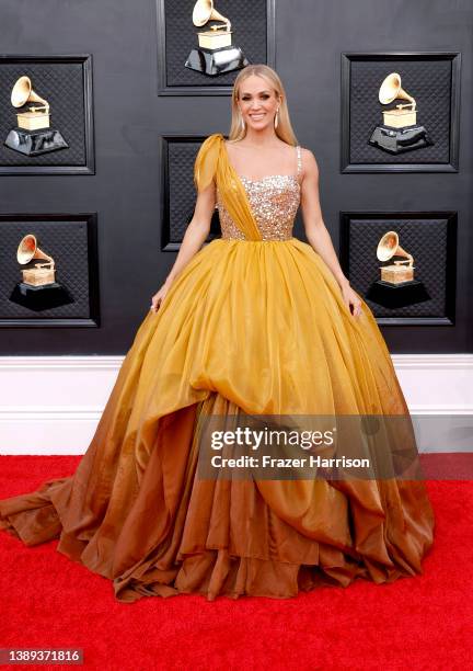 Carrie Underwood attends the 64th Annual GRAMMY Awards at MGM Grand Garden Arena on April 03, 2022 in Las Vegas, Nevada.