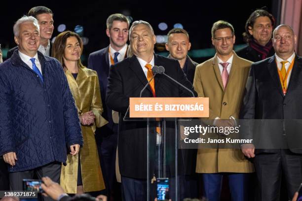 Hungarian Prime Minister Viktor Orbán speaks to supporters after the announcement of the partial results in parliamentary election on April 3, 2022...