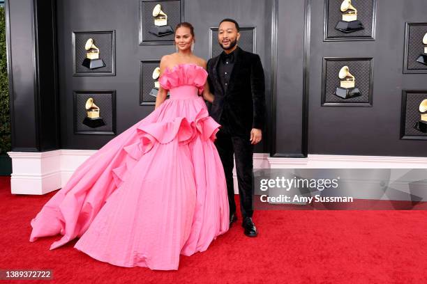 Chrissy Teigen and John Legend attend the 64th Annual GRAMMY Awards at MGM Grand Garden Arena on April 03, 2022 in Las Vegas, Nevada.